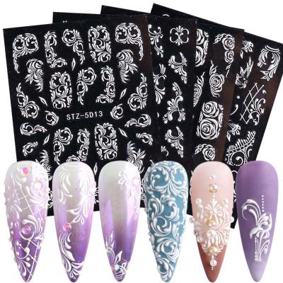 China Three-dimensional luxury embossed black and white design nail stickers European retro pattern flower nail stickers 5D beauty products nail decals for sale