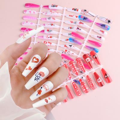 China No Trace Wholesale 24pcs Press On Nail Tips With Glue Valentine's Day Painting Removable Artificial Nails For Girls for sale