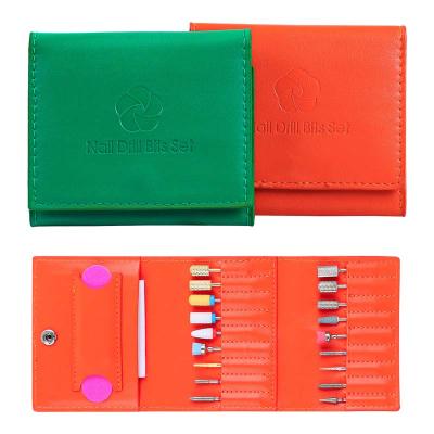 China 18 Holes Green Convenient Portable/Orange Leather Nail Drill Bits Holder Display Case Organizer PU Nail Drill Bits Storage Bag for sale