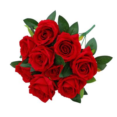 China Hot Sale Eco-Friendly Roses Walmart Artificial Flowers 9 Heads Artificial Burgundy Rose For Wedding Home Decoration for sale