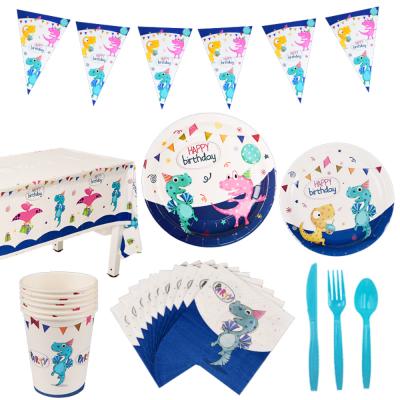 China Environmental Protection Kids Birthday Party Tableware Sets Blue Dinosaur Theme Party Supplies With Eco-friendly Materials for sale