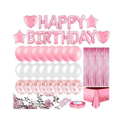 China Delicate Pink Birthday Party Decoration Set With Balloons Curtain Foil Tablecloth Heart Star Foil Confetti Balloons for sale