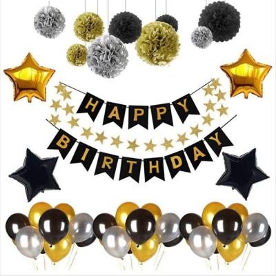 China Black Gold Foil Film Foil Birthday Party Aluminum Balloon/Set Paper Flower Ball Stars String Tassel Birthday Flag Balloon Paper Set for sale