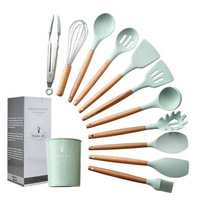 China Sustainable Wood Handle Utensil Set Non-Stick Silica Gel Kitchen Ware 12pcs/set Silicone Tools for sale