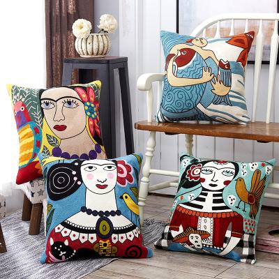 China Fashion Abstract Cat Women Embroidered Cushion Cover Multicolor Soft Cotton Pillowcase Home Decorative Tiles For Sofa Seat Car for sale