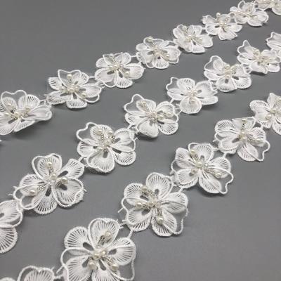 China 5cm Vintage Viable Style Milk Silk 3D Lace Guipure Chemical Bead Beaded Embroidery Lace Trim For Wedding Dress for sale