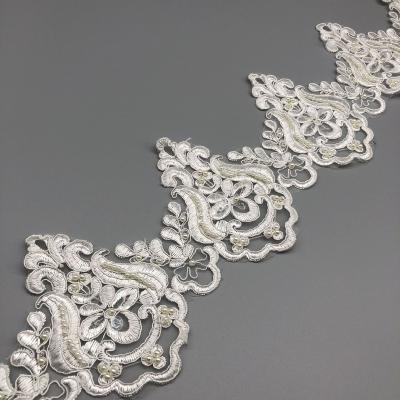 China 12.5cm vintage style milk lace 3D silk chemical pearl guipure beaded ribbon embroidery lace trim for sale