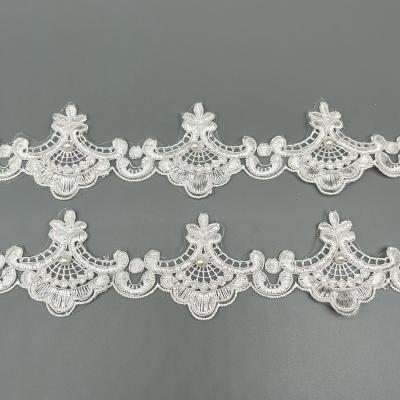 China Polyester Embroidery Vintage Chemical Viable White 6cm Pearl Wedding Beaded Beaded Lace Trim Ribbon for sale