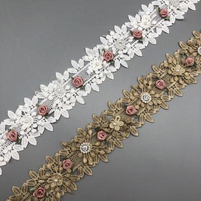 China 6.2cm Embroidery 3D Flower Crystal Beaded Rhinestone Lace Trim Applique Clothes Viable Fancy Accessory For Clothing for sale