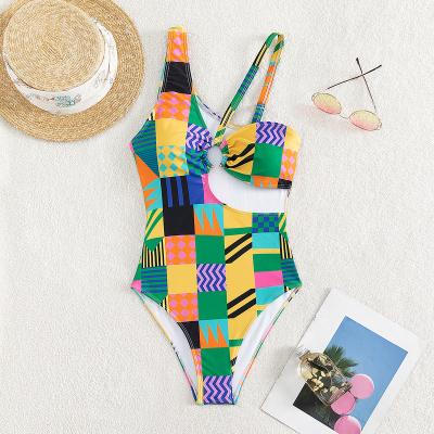 China Plus size 2023 summer new print women's one-piece swimsuit colorful checkered luxury asymmetry swimwear for sale