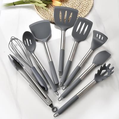 China Eco-Friendly Sustainable Kitchen Accessories Silicone Kitchenware Utensil Set 9pcs/set Silicone Cooking Tools With Wooden Handle for sale