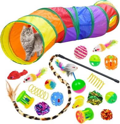 China Stocked 20 PCS Cat Kitten Toys Set, Collapsible Cat Tunnels for Indoor Cats, Interactive Cat Feather Toy Fluffy Mouse Fold Balls Toys for sale