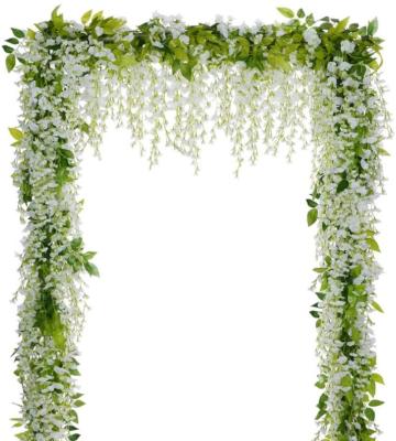 China Wholesale Modern Wisteria Vine Garland Silk White Artificial 2m Artificial Wisteria Flower Vines Hanging Wedding Flower Arch Garlands for sale