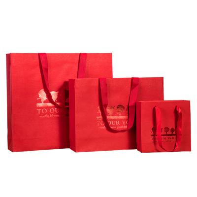 China Wholesale High Quality Red Square Recyclable Logo Paper Bags Custom Direct Selling Bottom for sale