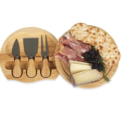 China Folding disposable bamboo wood personalized round cheese board with three utensils for entertaining and serving for sale