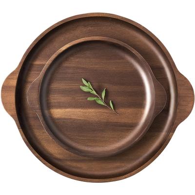 China Sustainable Round Wooden Cheese Dishes And Boards With Handles For Dinner Dishes Acacia Tray And Wooden Serving Tray Set Of 2 for sale