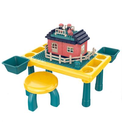 China Plastic DIY Brick 76pcs Particle Building Block Table Big Building Toys Set DIY Assembly Kindergarten Play Desk with Chair and Case for sale