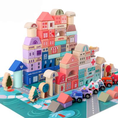 China Toy New Montessori Educational Construction Blocks Carriage Wooden City Building Blocks Cognitive Play for sale