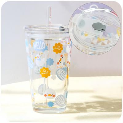 China Cute Mini Temperature Display Glass Water Bottle With Straw And Cover For Kids And School With Cartoon Design for sale