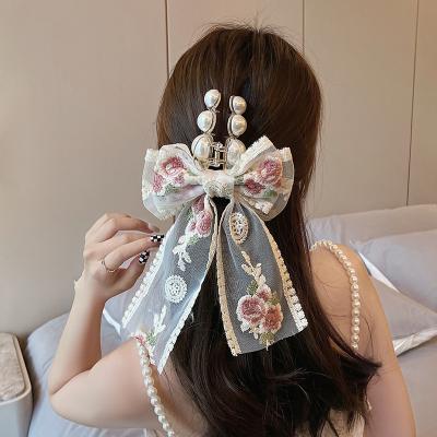 China Fashion Lace Flower Big Bow Clamp Hairpin Hair Accessories Jewelry Female Sweet Girl Hair Claw Clips for sale