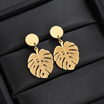 China Trendy Simple Hollow Leaf Earring Stainless Steel Hollow 18K Gold Plated Sting Leaf Earring for sale