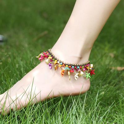 China Trendy Bohemian Style Knot Jewelry Beach Bell Starfish Copper H-woven Anklet Chain Women Accessories for sale