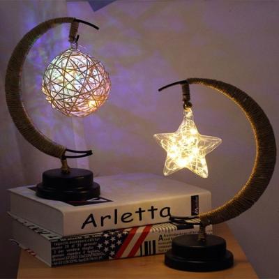 China Modern Indoor Handmade Christmas Light USB String Moon Star Metal Table Lights Hemp Wrapped LED Night Decorative Lamp for sale