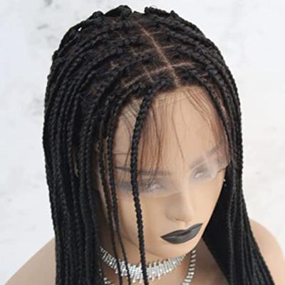 China Full Lace Soft Natural Soft Lace Box Braided Micro Braids Tangleless Wigs Synthetic Hair 1B Off Black Color With Baby Hair for sale