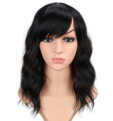 China Natural Soft Fashion Natural Soft Short Wavy Wigs For Women Color Mix Brown Curly Hair Black Wigs With Bangs Non Lace Full Heat Resistant Synthetic Wigs for sale