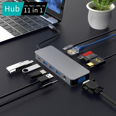 China Aluminum Alloy 11 in 1 USB C Hub Aluminum Alloy USB3.0 RJ45 Gigabit 3.5 Gigabit 3.0 RJ45 Jack Mic Dual HD-MI VGA MST Function USB-C Hub for sale