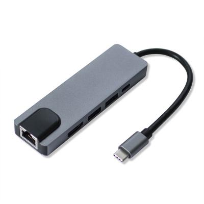 China Aluminum Alloy OEM 5 in 1 USB C Hub Industrial Aluminum Alloy USB3.0 RJ45 Gigabit Internal Multiport USB 3.1 with HD-MI type c hub for sale