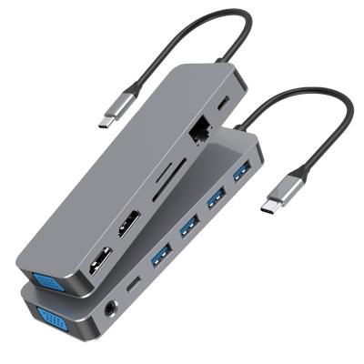 China Aluminum Alloy OEM 13 in 1 Jack Mic HDTV VGA 3.5 Gigabit Aluminum Alloy USB3.0 RJ45 Hub Type C Multiport USB 3.1 USB C Hub for sale