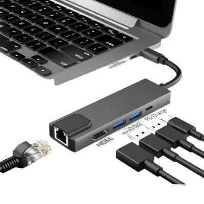 China Aluminum Alloy OEM 5 in 1 Industrial Internal USB C Hub Aluminum Alloy USB3.0 RJ45 100MB Multiport USB 3.1 with HD-M1 Type C Hub for sale