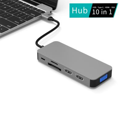 China Aluminum Alloy OEM 10 in 1 Multiport USB 3.1 USB C Hub Multiport USB 3.1 Gigabit 3.5 Gigabit HDTV VGA HDTV Mic VGA Type C Hub for sale