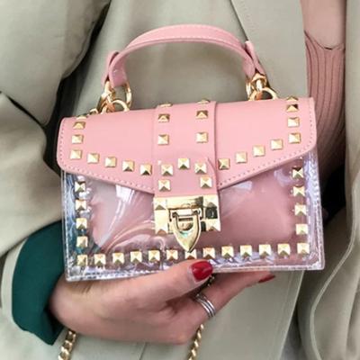 China Fashion Chain Fashion Female Rivets Clear Square PVC Transparent Jelly Bag Shoulder Bag Handbag for sale