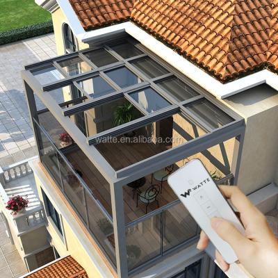 China Hot Sell To Europe Electric Retractable Sunbathing Glass Skylight Terrace Glass Roof Canopy Cover for sale