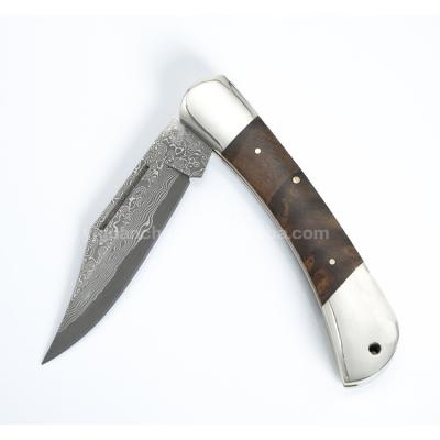 China Outdoor Folding Non-variable Folding Knife Damascus Shade Handle Steel Wood Pocket Knife for sale