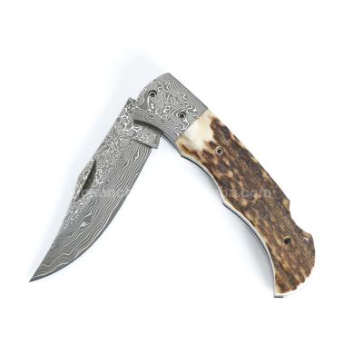 China High Quality Non-variable Folding Knife Damascus Steel Blade With Antler Handle for sale