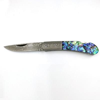 China Handmade Exquisite Shell Handle Backlock Damascus Folding Gift Knife for sale