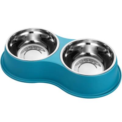 China Automatic Dog Rolls Dual Dog Water and Food Bowls Stainless Steel with Non-Slip Resin Station Pet Feeder Rolls for Medium Dog for sale