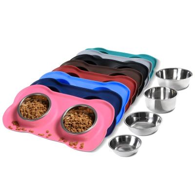 China Automatic Dog Rolls 2 Stainless Steel Dog Bowl No Puddle Non-Slip Silicone Mat Pet Food Scoop Water and Food Feeder Bowls for sale