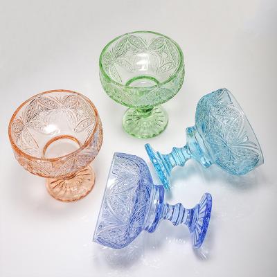 China High Foot Pudding Dessert Glass Cup Colorful Crystal Ice Cream Cup European Pattern Butterfly Salad Bowl for sale