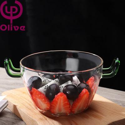 China Sustainable household transparent vegetable and fruit dish double INS borosilicate handle dessert salad bowl glass tableware for sale