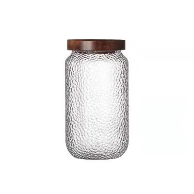 China Freshness Preservation Acacia Hammer Pattern Storage Jar Black Walnut Wood Coffee Beans Food Tea Food Transparent Glass Cover Sealed Storage Jar for sale