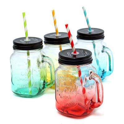 China Wholesale 350ml 450ml OEM Food Xuzhou China Manufacture With Lids And Straw Beverage Juice Packing Mason Glass Jar for sale