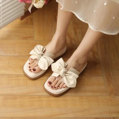 China Luxury Soft Insole Soft Waist Bowknot Full Leather Vamp Ladies Increasing Flat Sandals For Women Sandal Slippers for sale