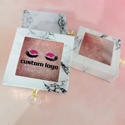 China Custom Long Eyelash Box Square Lashes Box Luxury Natural Marble Wholesale Eyelash Case Packaging With PVC Window for sale