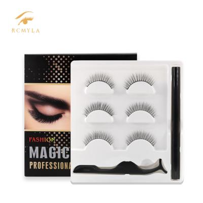 China Lightweight and flexible 3 pair magnetic false eyelashes set with tweezers and eyeliner for sale