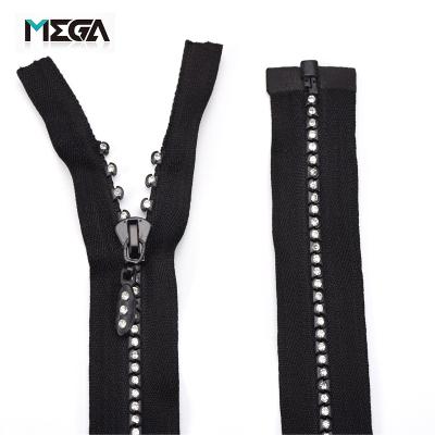 China Factory Resin High Quality Zipper Viable And Customize Fashion Rhinestone Plastic Zipper For Bag for sale