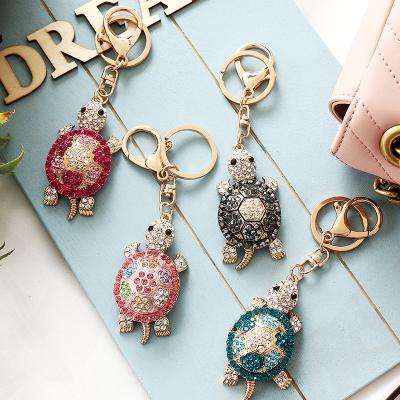 China Bag Car Pendant Accessories Promotional Colorful Diamond Inlaid Cute Turtle Metal Keychain Creative Hollow Out Key Chain For Bag Car Decoration for sale